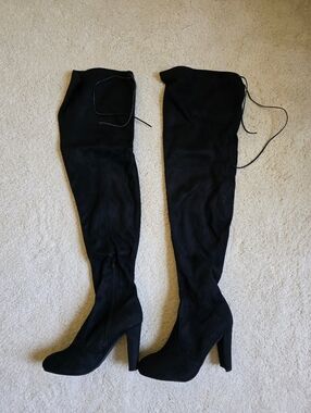 Black Over the Knee Thigh High Suede Heel Boots
